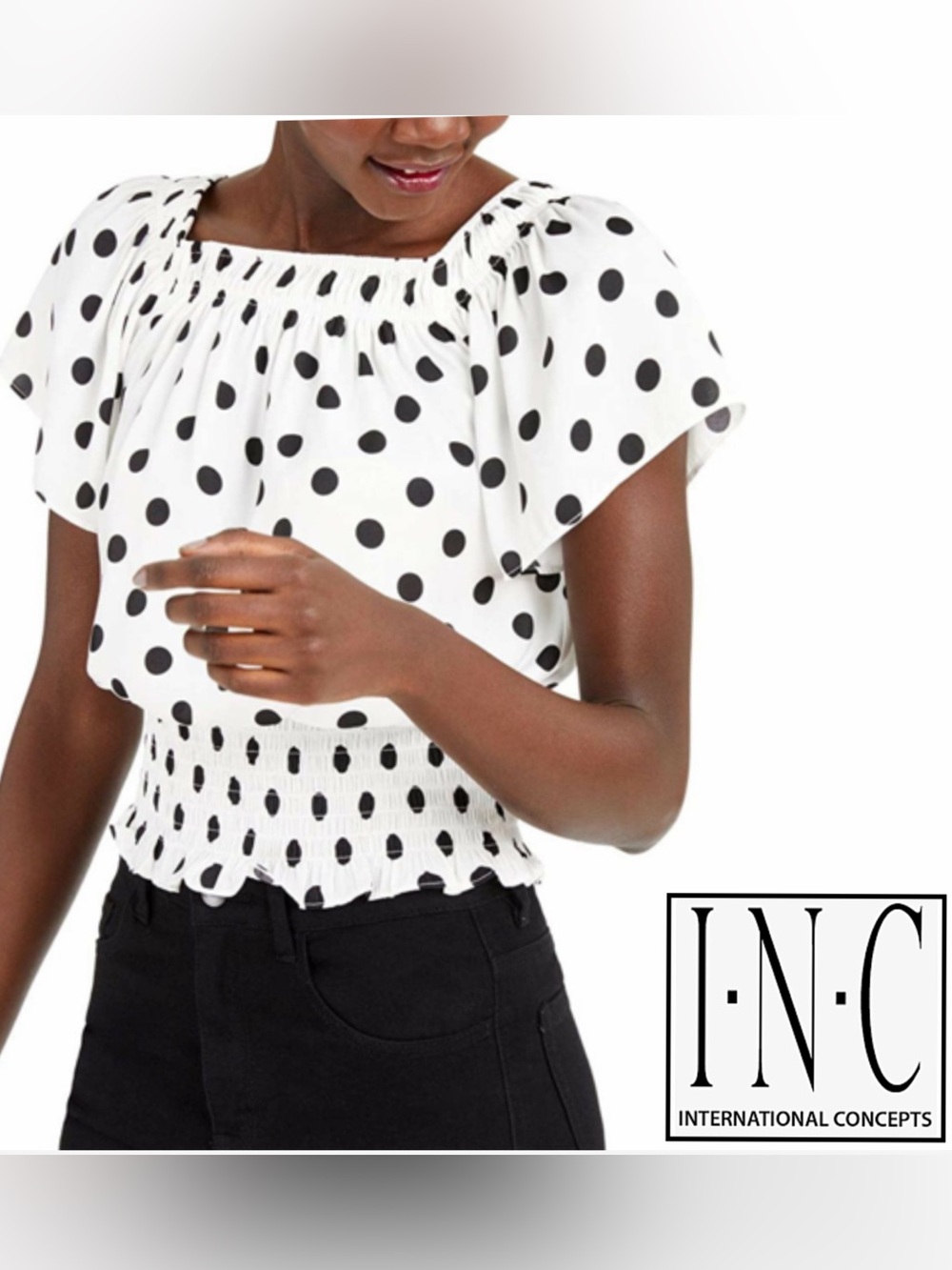 INC International Concepts White Polka Dot Smocked Peplum Top